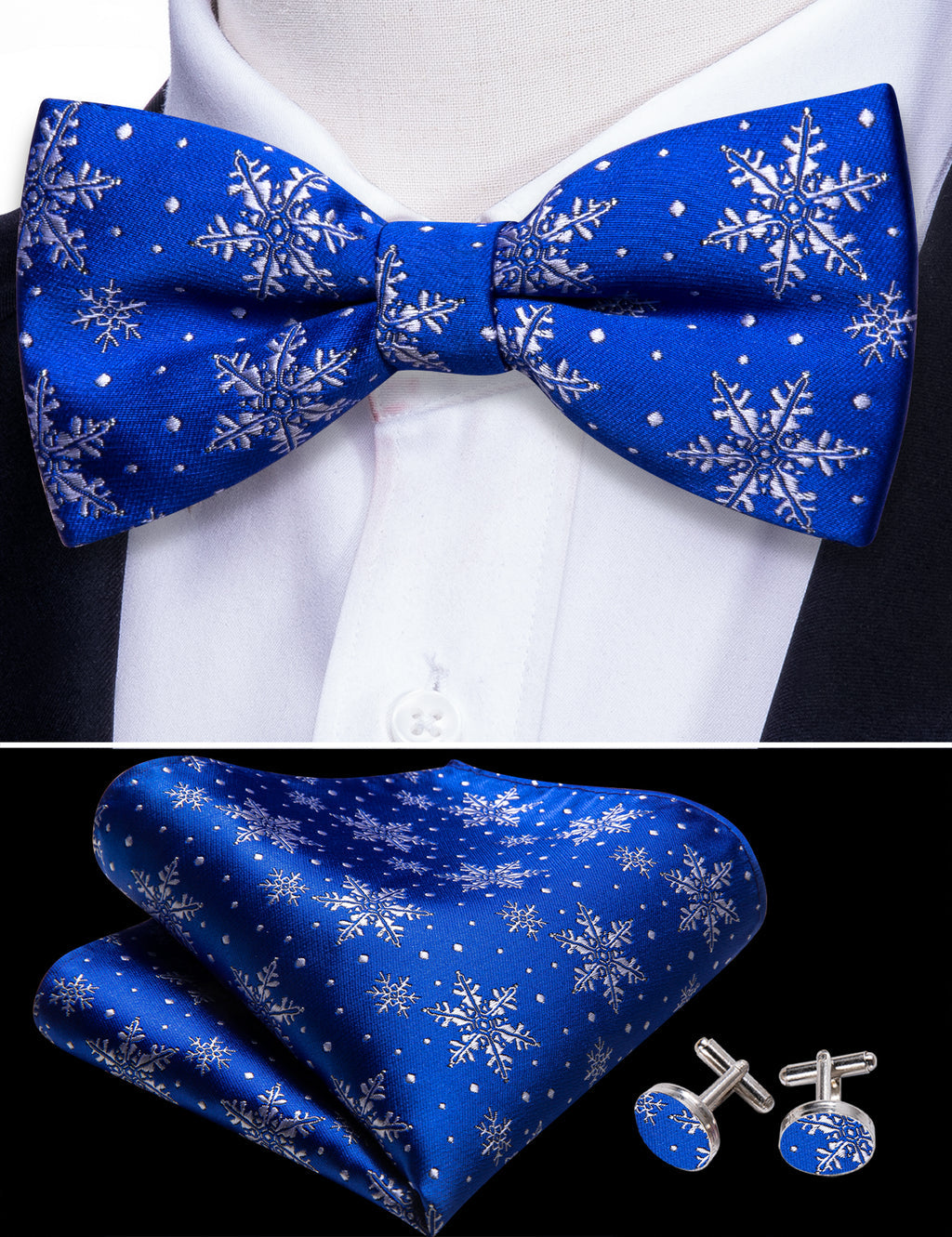 Blue and White Christmas Snowflake Silk Bow Tie Set bow ties - Sophisticated Gentlemen