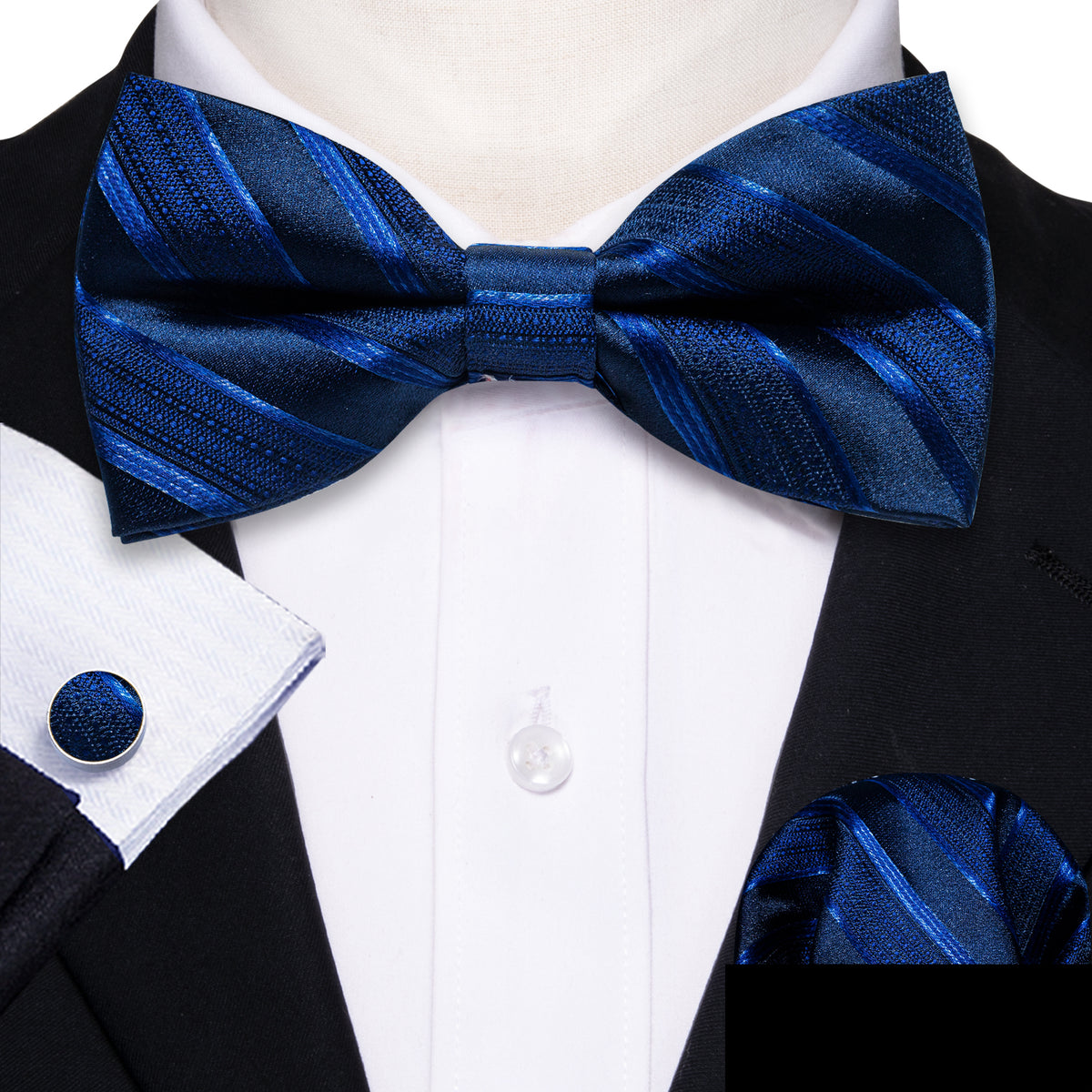 Blue Black Striped Silk Bow Tie Set bow ties - Sophisticated Gentlemen
