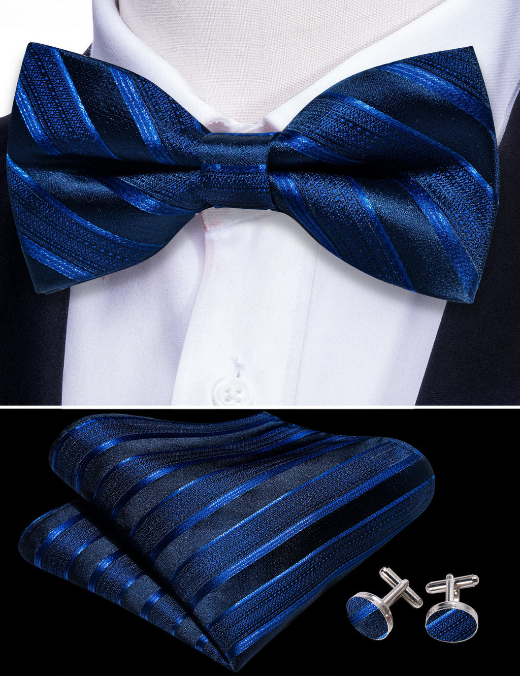 Blue Black Striped Silk Bow Tie Set bow ties - Sophisticated Gentlemen