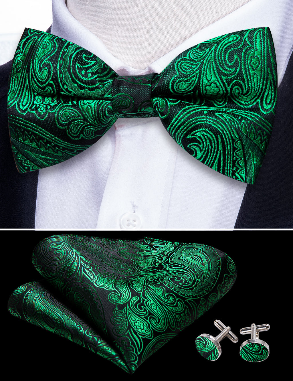Green Paisley Silk Bow Tie Set bow ties - Sophisticated Gentlemen