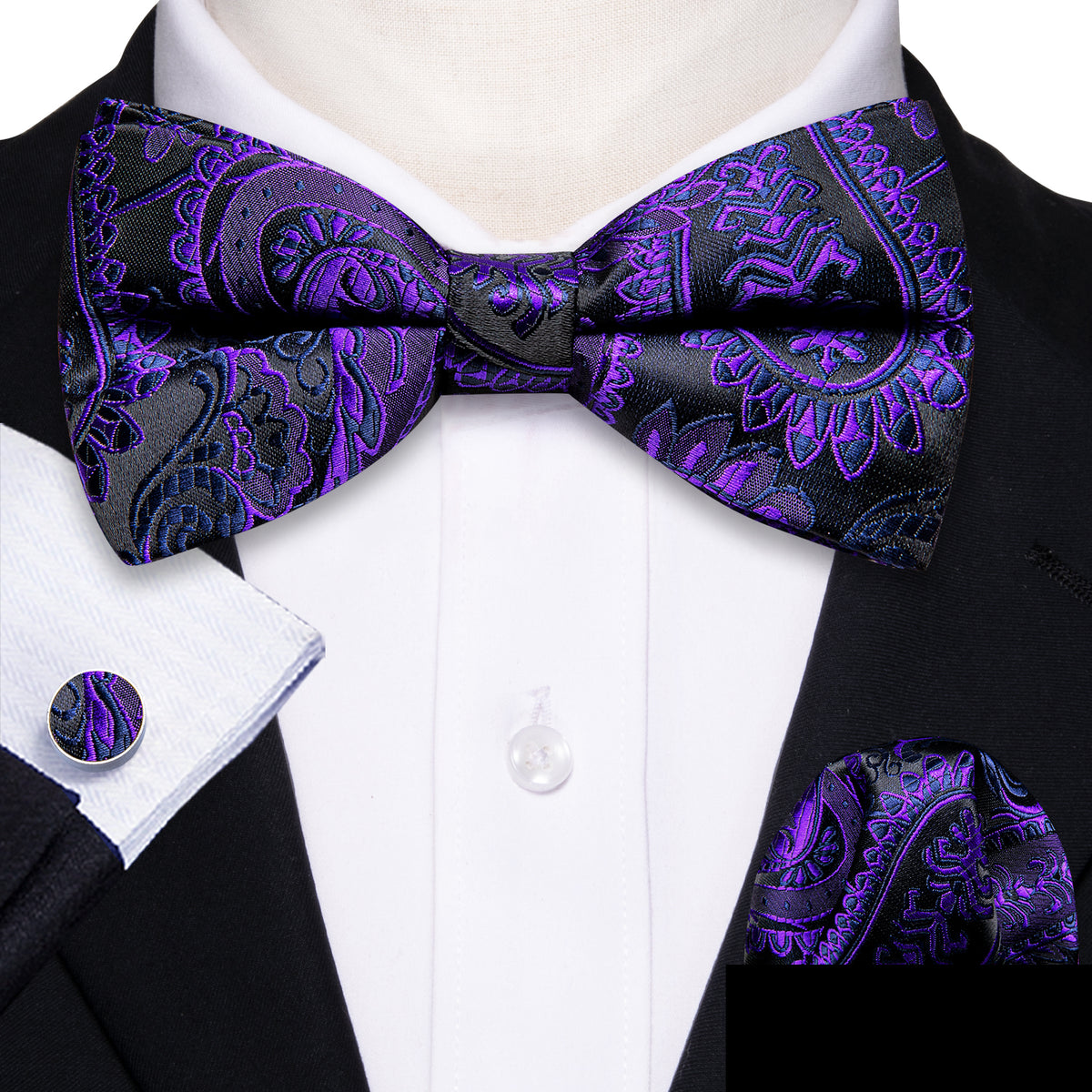 Purple Black Paisley Bow Tie Set bow ties - Sophisticated Gentlemen