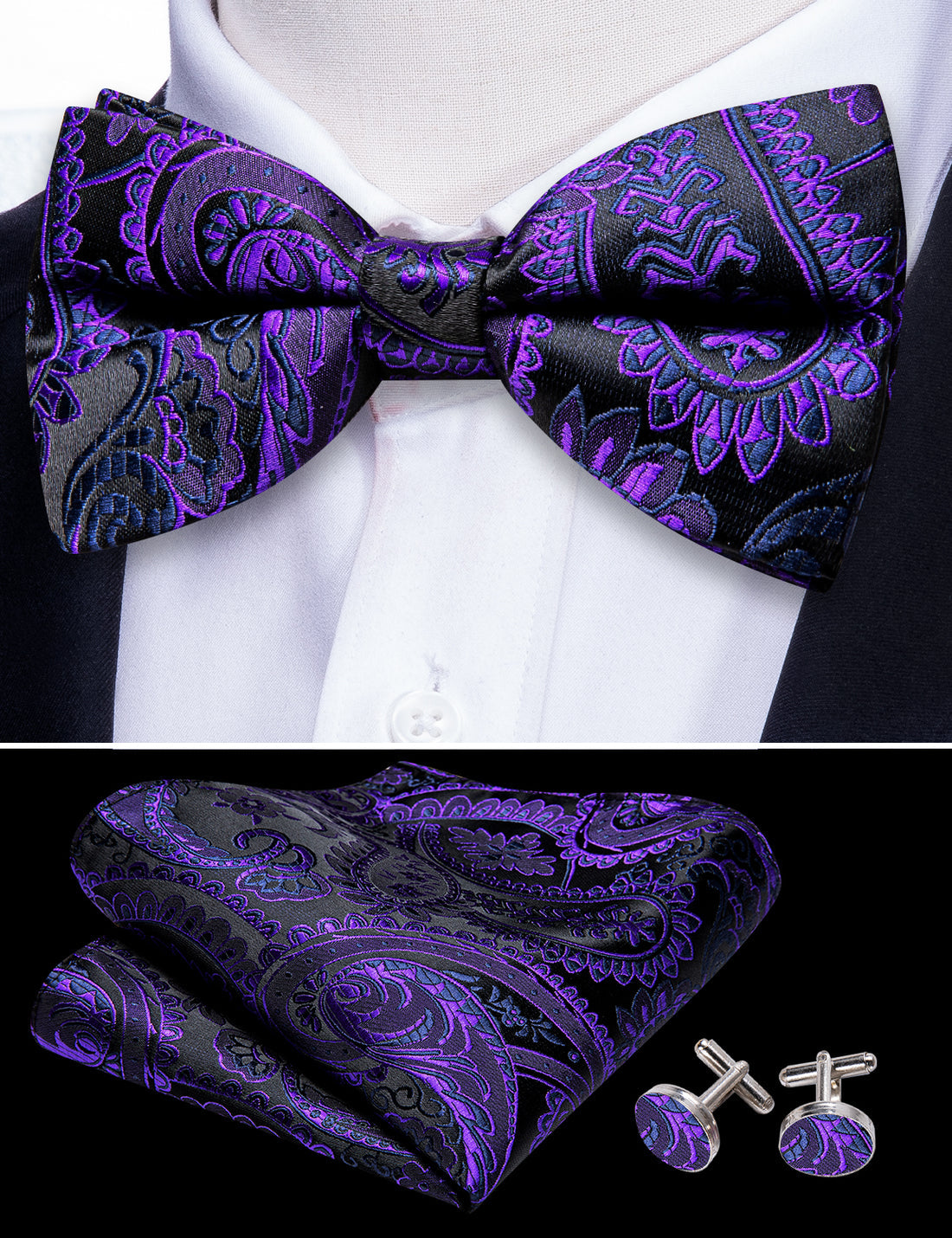 Purple Black Paisley Bow Tie Set bow ties - Sophisticated Gentlemen