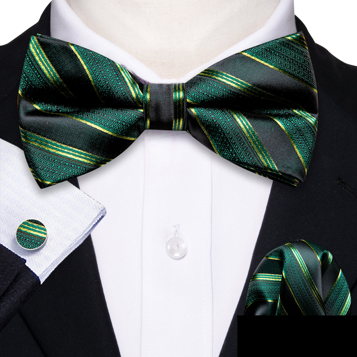 Green Black Striped Bow Tie Set bow ties - Sophisticated Gentlemen