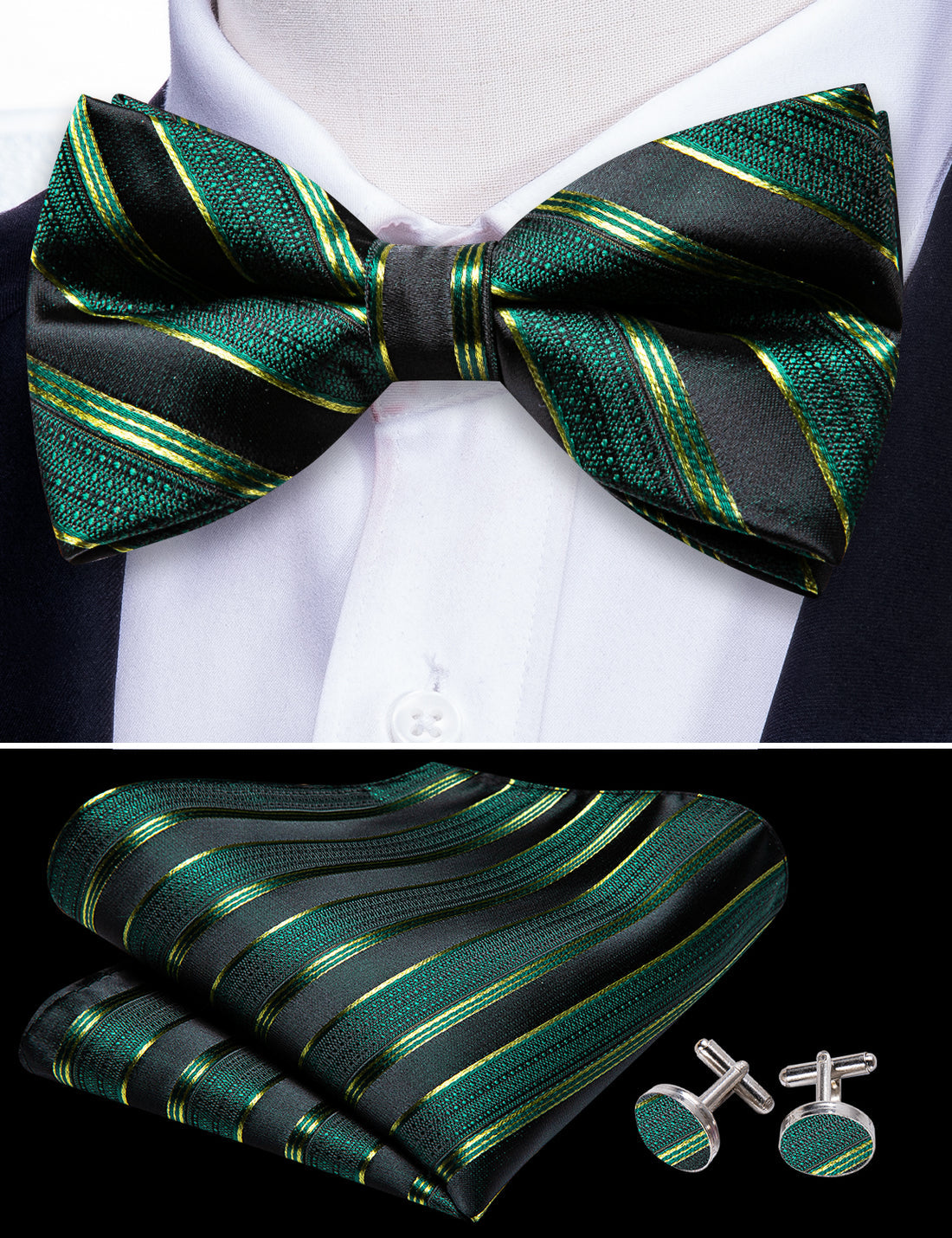 Green Black Striped Bow Tie Set bow ties - Sophisticated Gentlemen