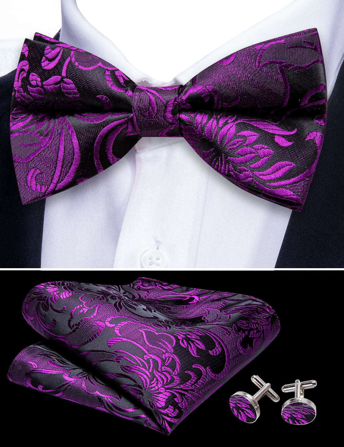 Purple Black Paisley Bow Tie Set bow ties - Sophisticated Gentlemen