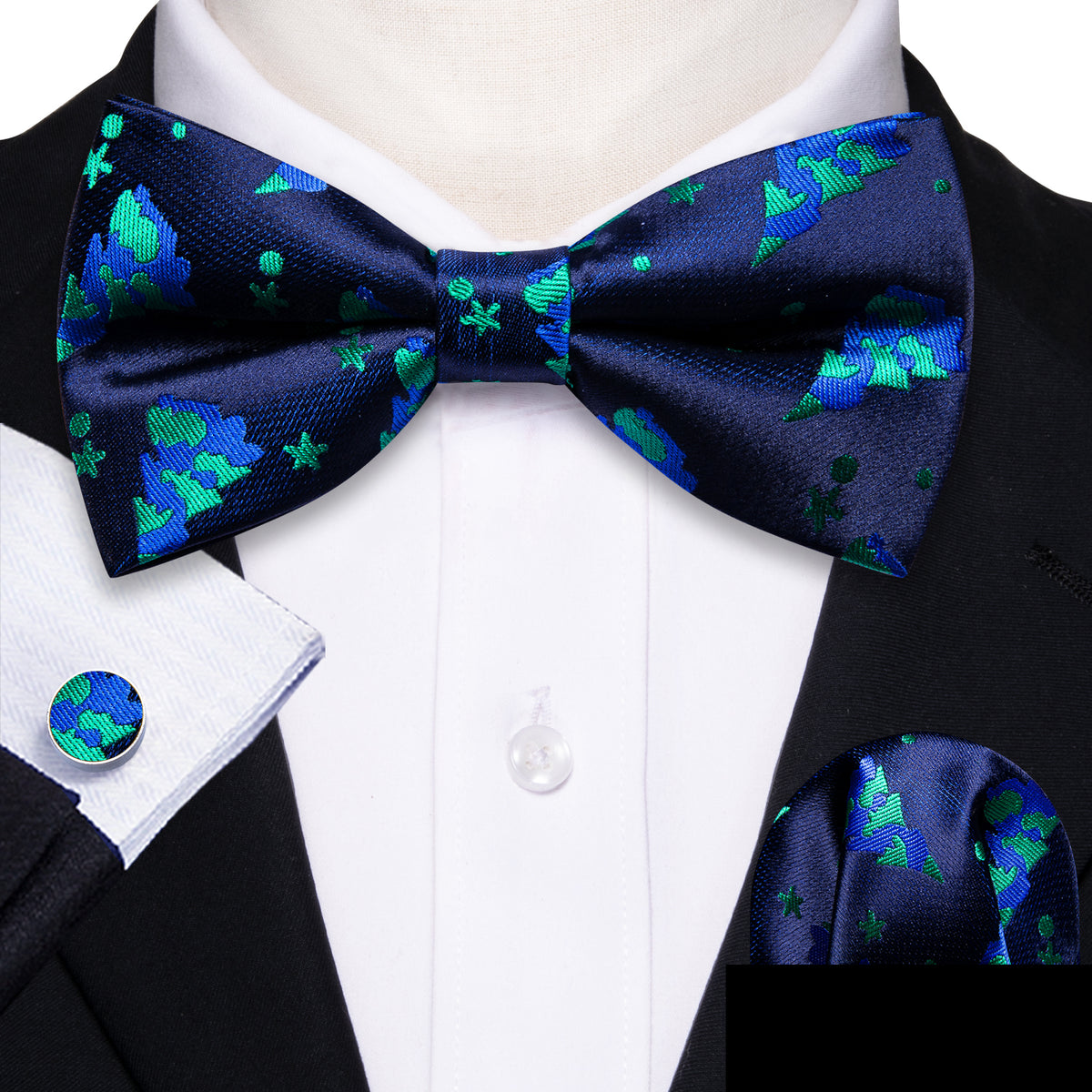 Blue Xmas Tree Silk Bow Tie Set bow ties - Sophisticated Gentlemen