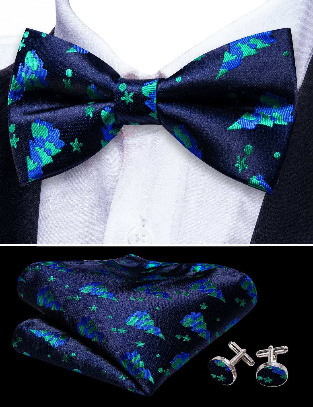 Blue Xmas Tree Silk Bow Tie Set bow ties - Sophisticated Gentlemen
