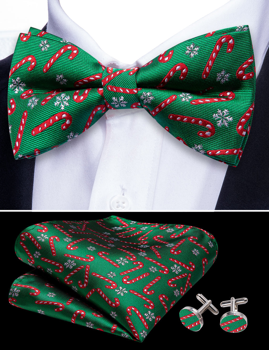 Green Christmas Crutch Silk Bow Tie Set bow ties - Sophisticated Gentlemen