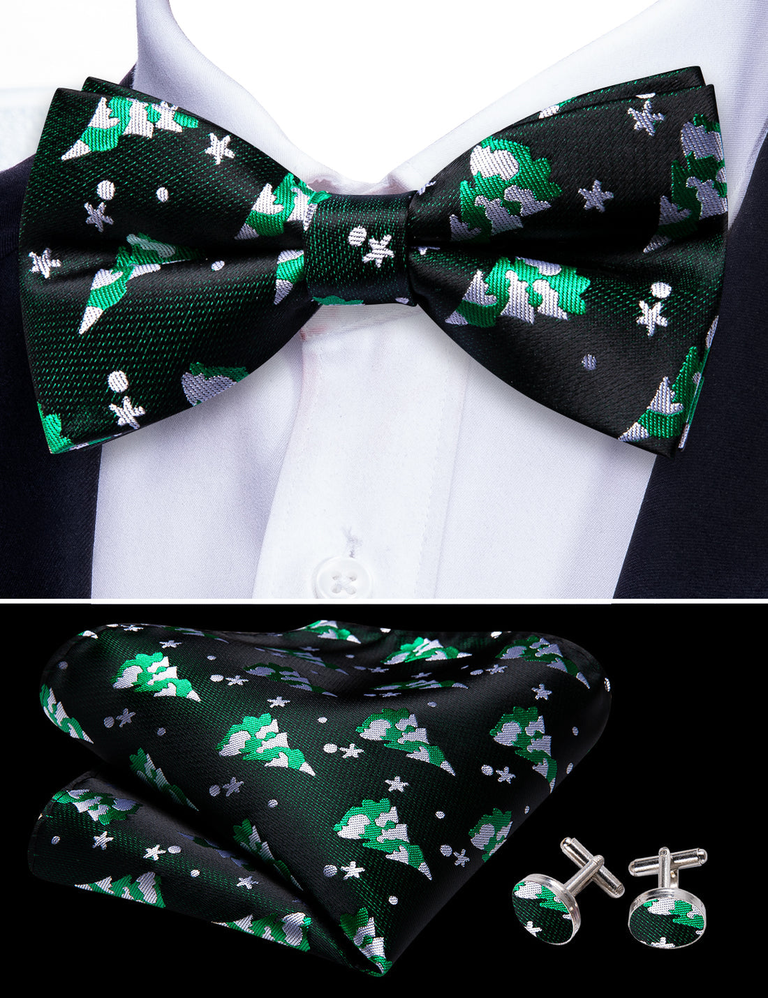 Emerald Green & White Christmas Tree Silk Bow Tie Set bow ties - Sophisticated Gentlemen