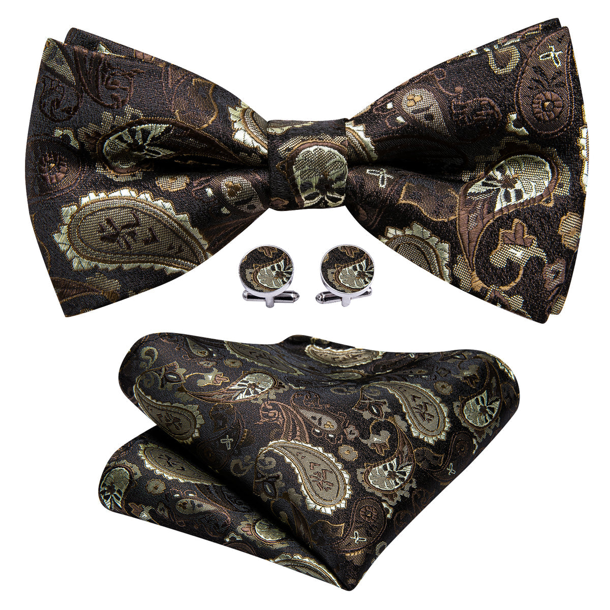 Brown Silver Paisley Bow Tie Set bow ties - Sophisticated Gentlemen