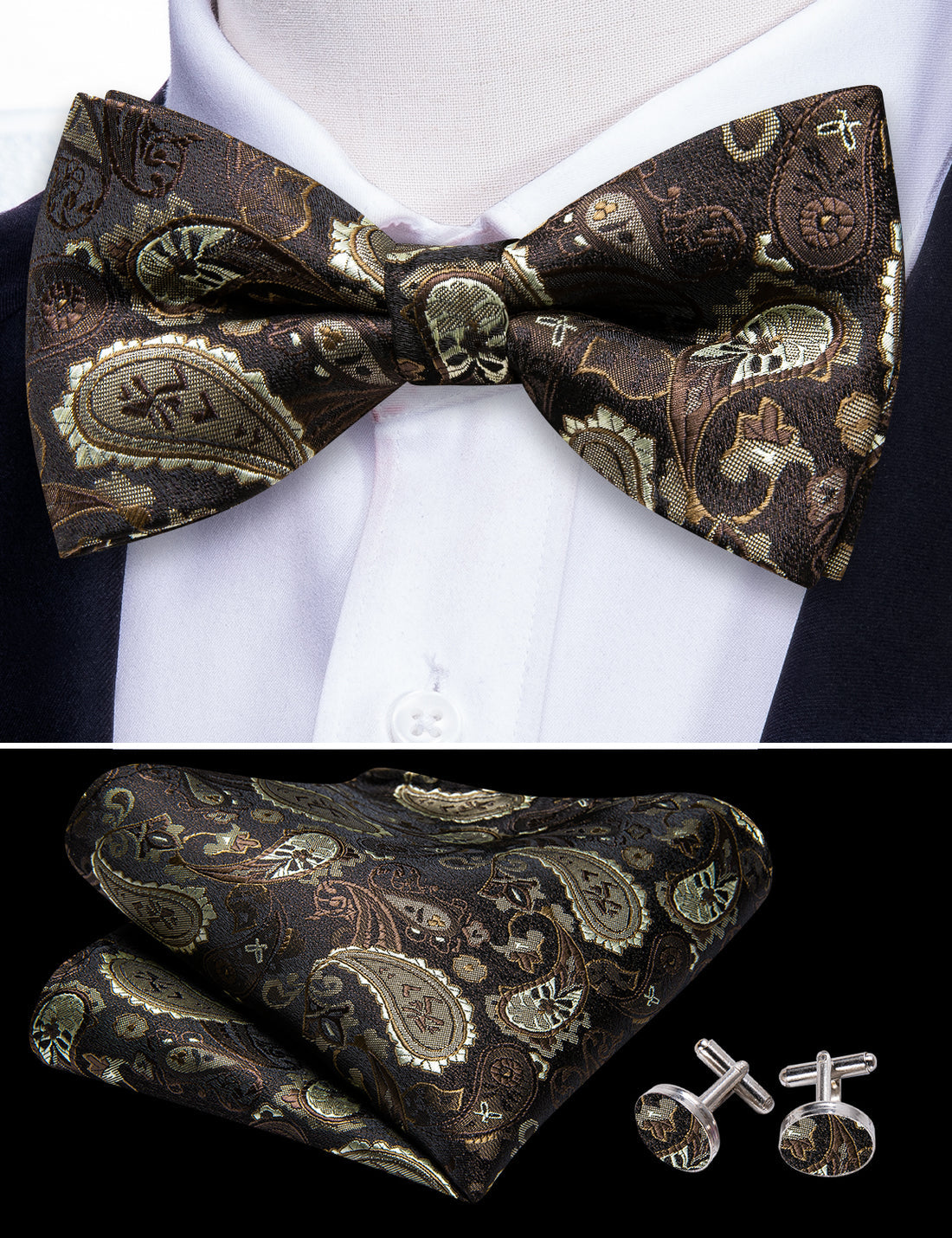 Brown Silver Paisley Bow Tie Set bow ties - Sophisticated Gentlemen
