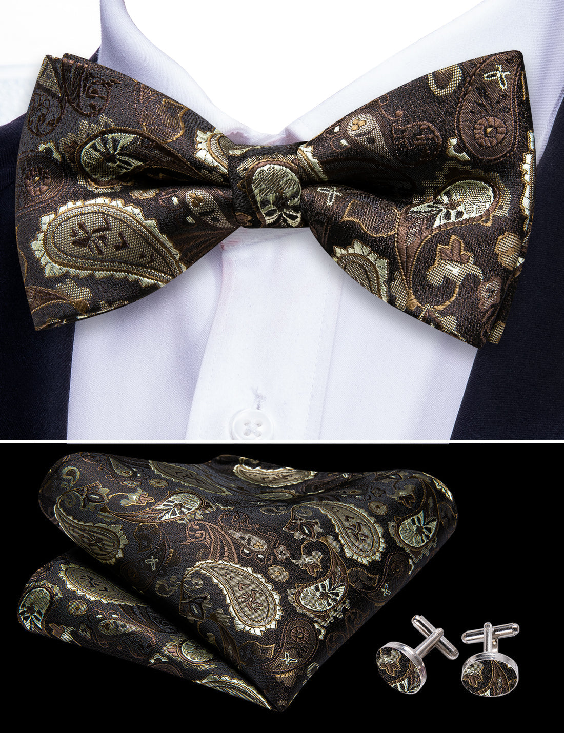 Brown Silver Paisley Bow Tie Set bow ties - Sophisticated Gentlemen