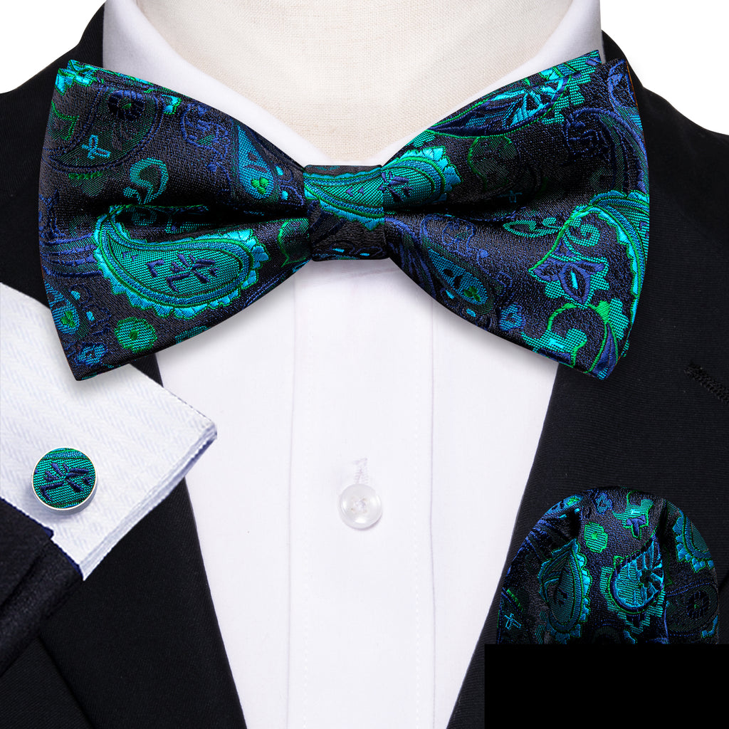 Teal Blue Paisley Bow Tie Set bow ties - Sophisticated Gentlemen