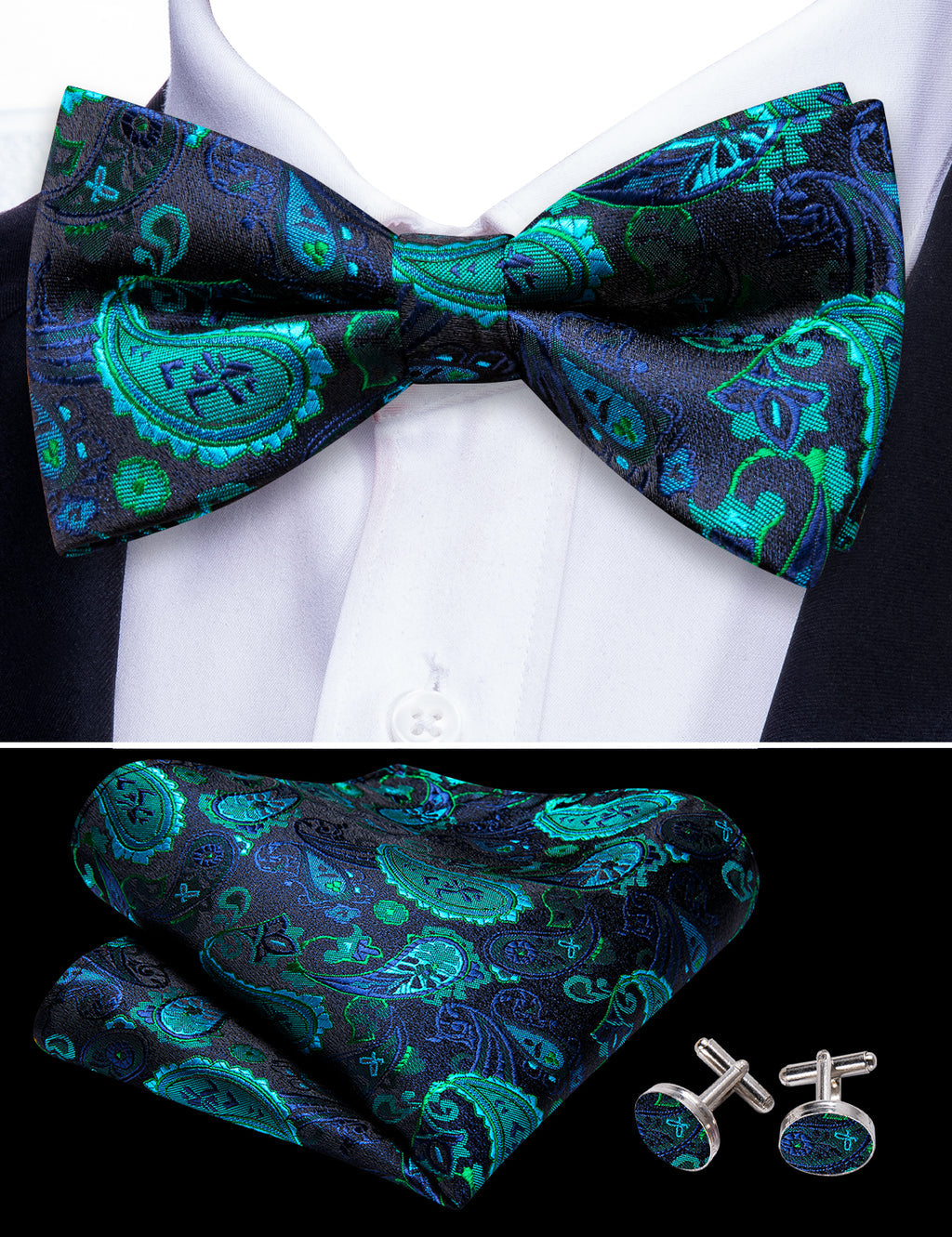 Teal Blue Paisley Bow Tie Set bow ties - Sophisticated Gentlemen
