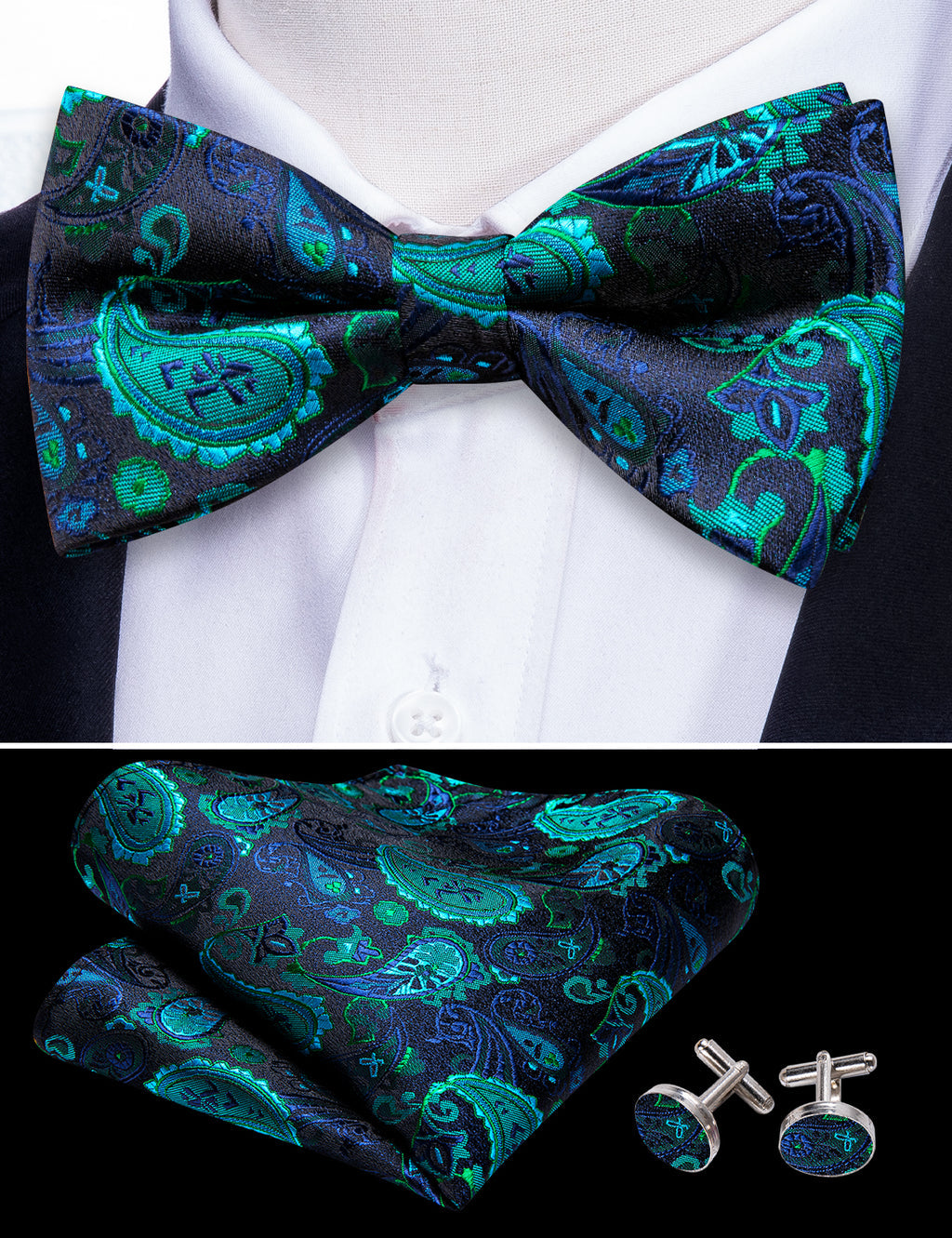 Teal Blue Paisley Bow Tie Set bow ties - Sophisticated Gentlemen