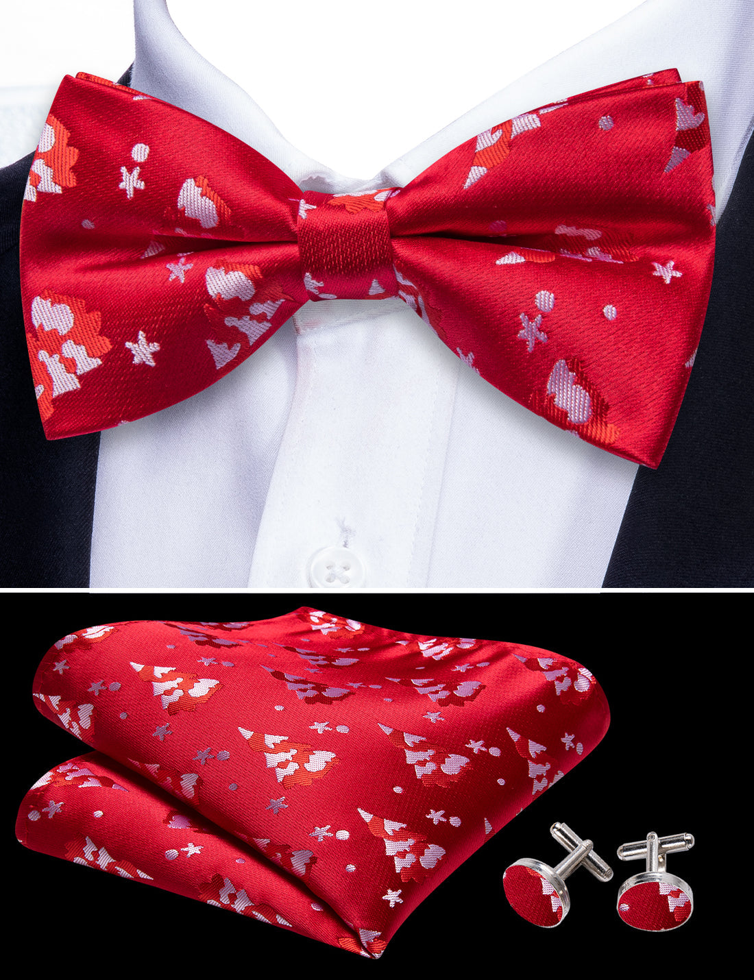 Crimson Red & White Christmas Tree Silk Bow Tie Set bow ties - Sophisticated Gentlemen