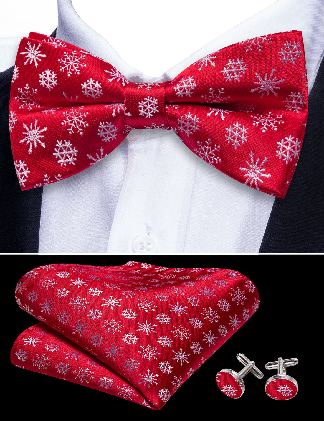Red White Snowflake Christmas Bow Tie Set bow ties - Sophisticated Gentlemen
