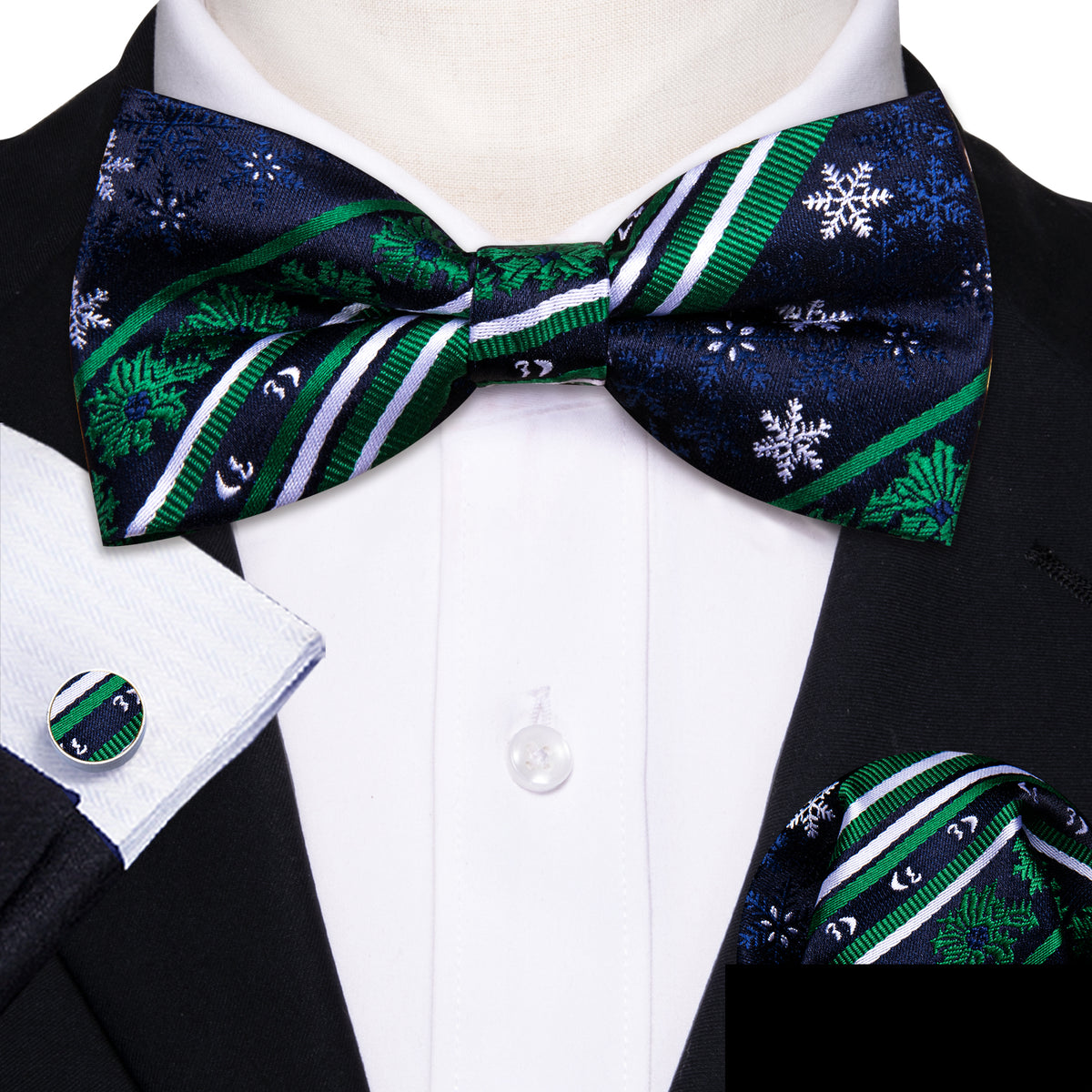 Blue Green Snowflake Christmas Silk Bow Tie Set bow ties - Sophisticated Gentlemen