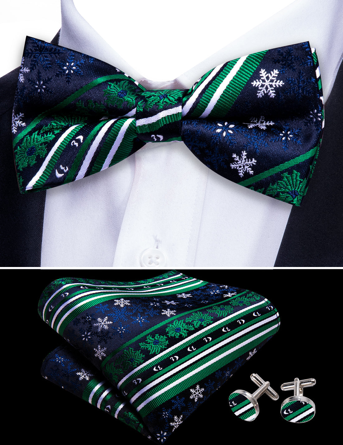 Blue Green Snowflake Christmas Silk Bow Tie Set bow ties - Sophisticated Gentlemen