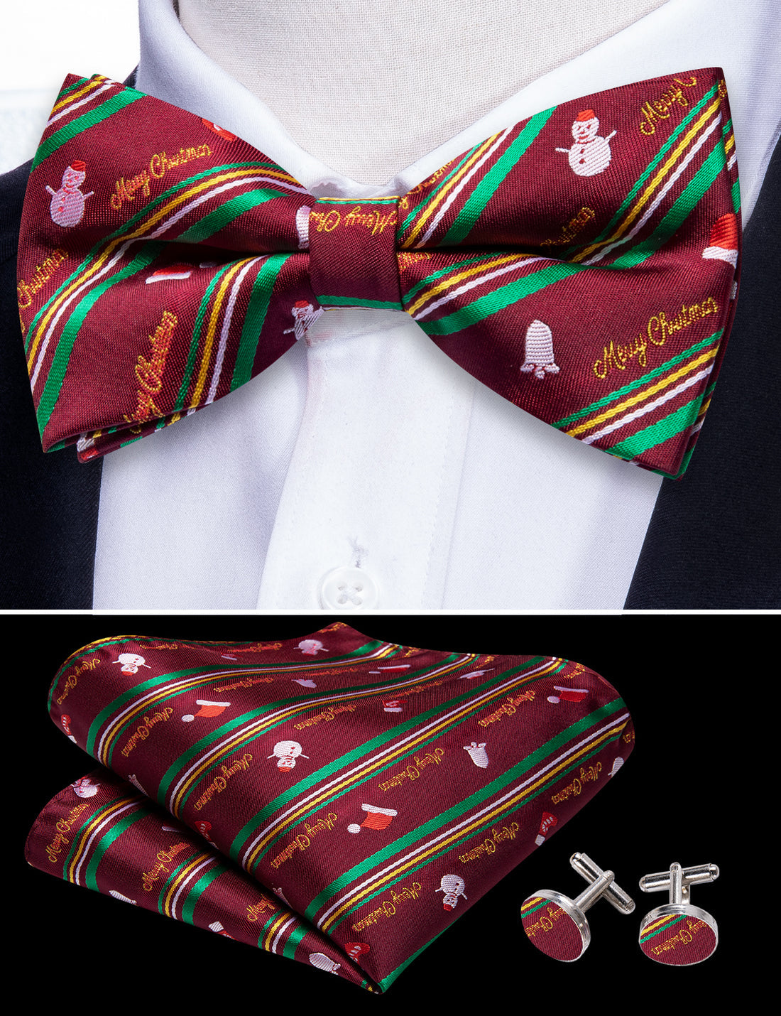 Green Red Xmas Snowman Bow Tie Set bow ties - Sophisticated Gentlemen