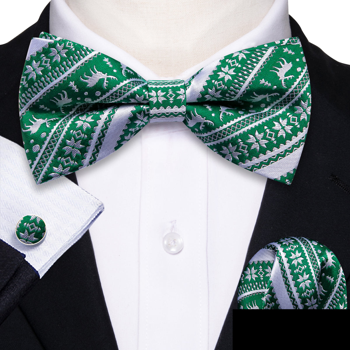 Green White Xmas Elk Bow Tie Set bow ties - Sophisticated Gentlemen