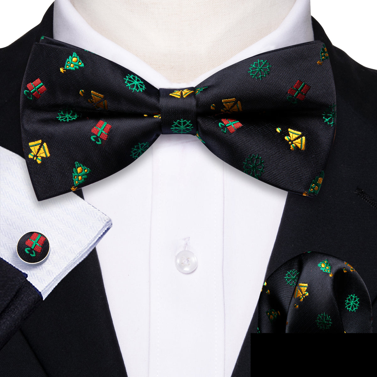 Black Xmas Pattern Bow Tie Set bow ties - Sophisticated Gentlemen