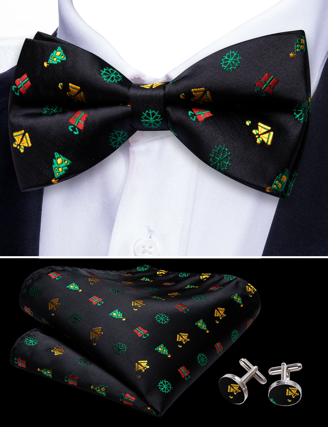 Black Xmas Pattern Bow Tie Set bow ties - Sophisticated Gentlemen