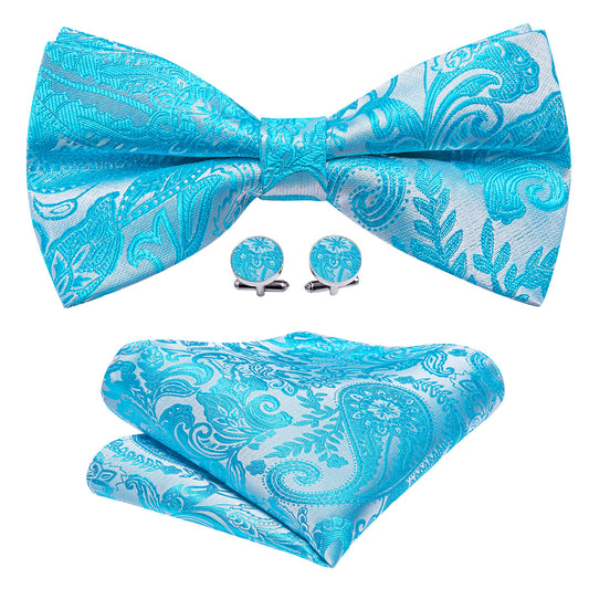 Blue Silver Paisley Bow Tie Set bow ties    - Sophisticated Gentlemen