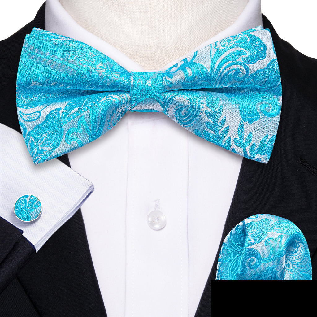 Blue Silver Paisley Bow Tie Set bow ties - Sophisticated Gentlemen