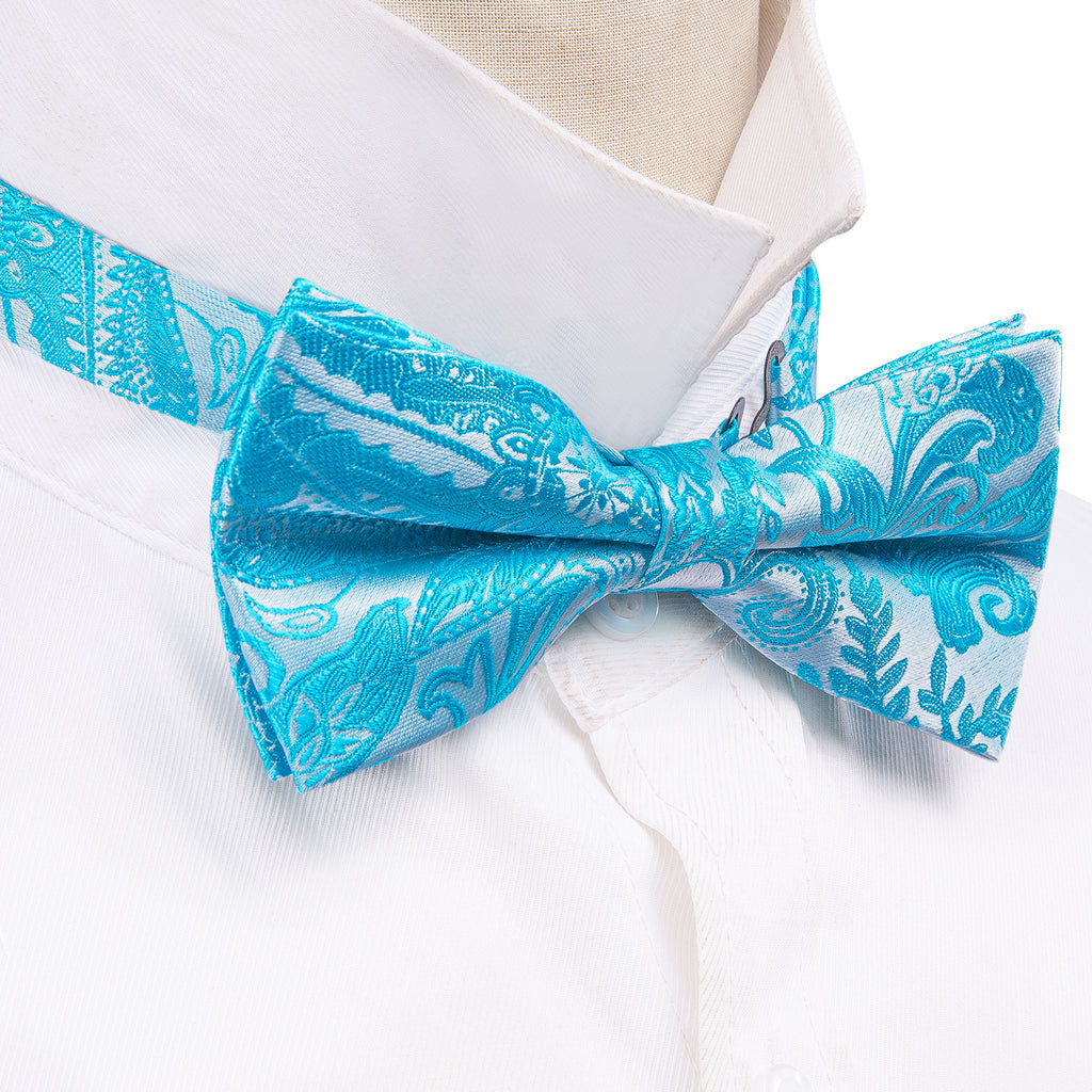 Blue Silver Paisley Bow Tie Set bow ties - Sophisticated Gentlemen