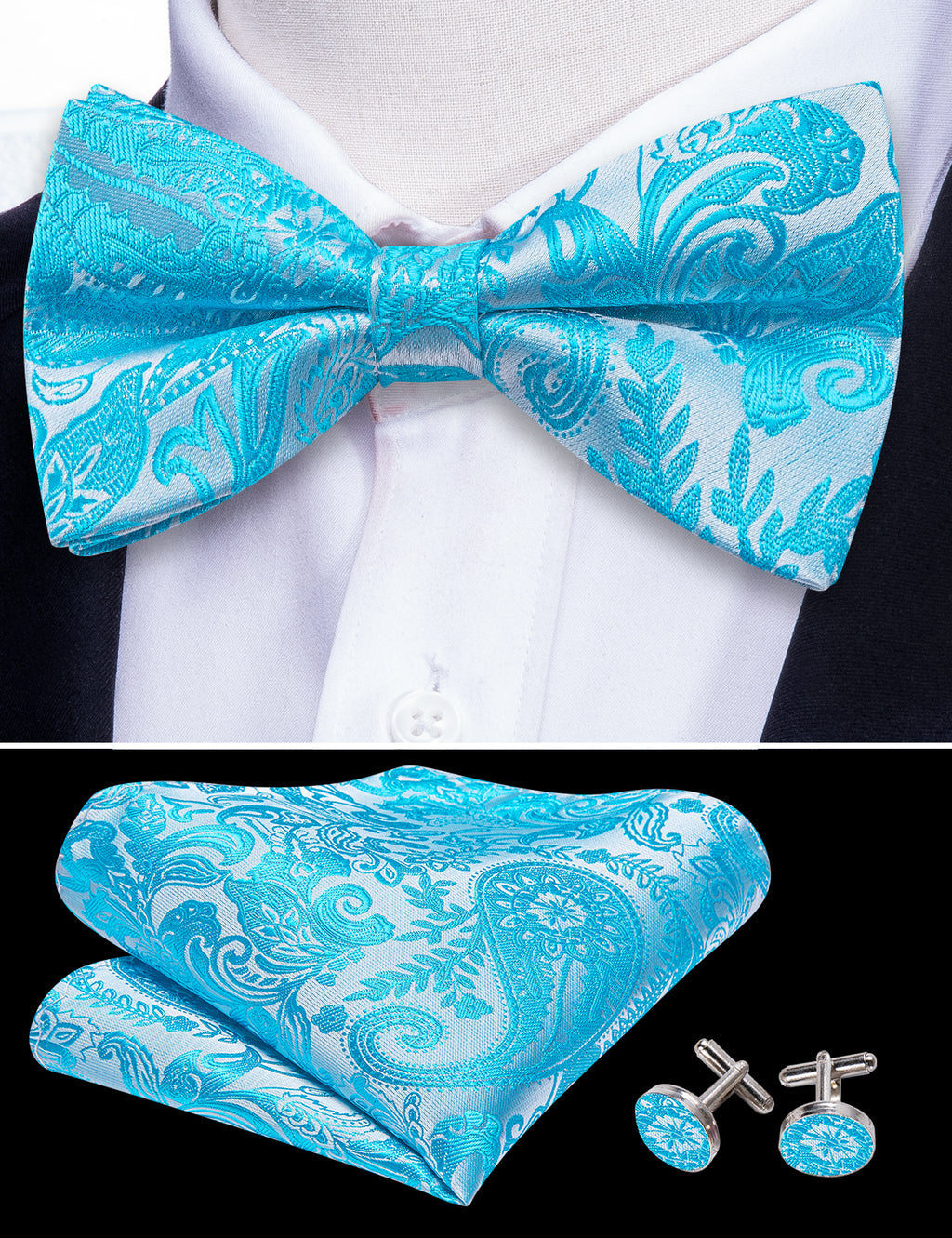 Blue Silver Paisley Bow Tie Set bow ties - Sophisticated Gentlemen