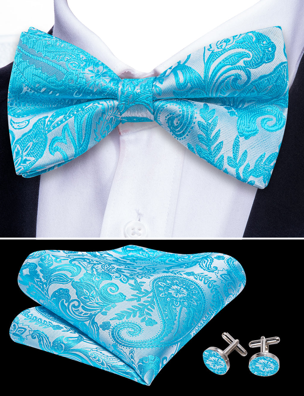 Blue Silver Paisley Bow Tie Set bow ties - Sophisticated Gentlemen