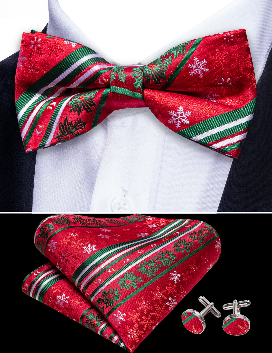 Red Green Xmas Pattern Bow Tie Set bow ties - Sophisticated Gentlemen