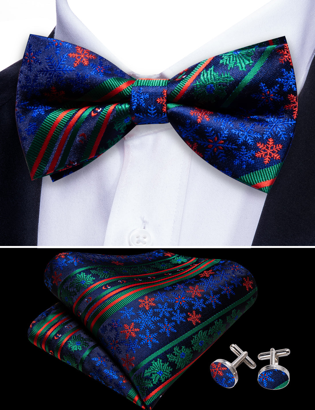 Blue Green Xmas Pattern Bow Tie Set bow ties - Sophisticated Gentlemen