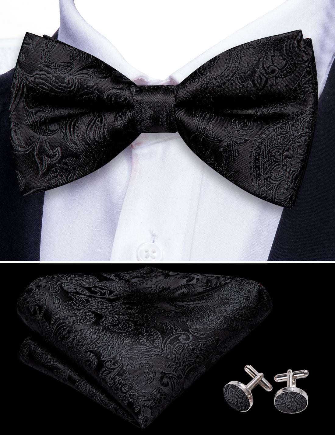 Black Paisley Bow Tie Set bow ties - Sophisticated Gentlemen