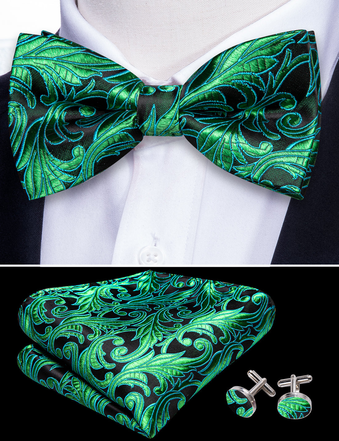 Green Floral Bow Tie Set bow ties - Sophisticated Gentlemen
