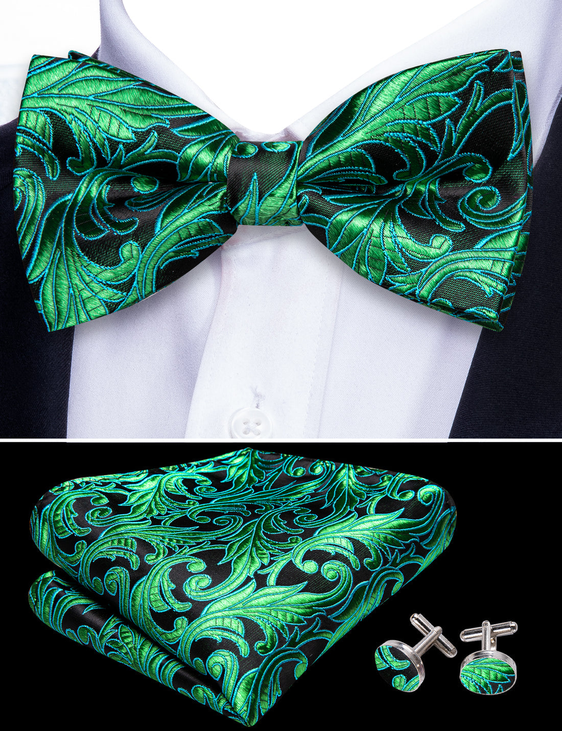 Green Floral Bow Tie Set bow ties - Sophisticated Gentlemen