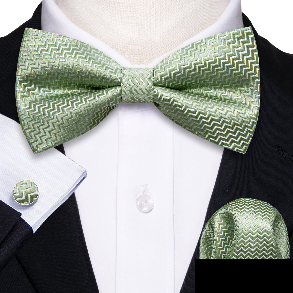Green Curve Silk Bow Tie Set bow ties - Sophisticated Gentlemen