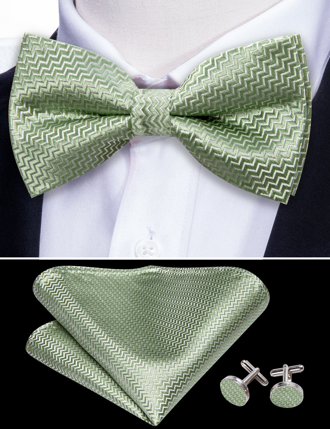 Green Curve Silk Bow Tie Set bow ties - Sophisticated Gentlemen