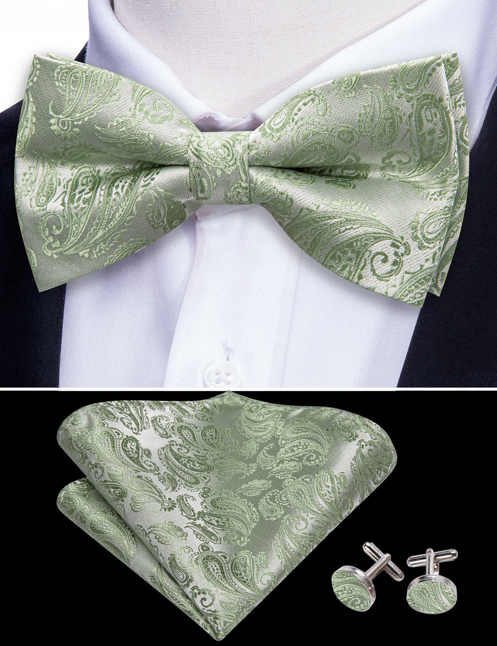 Green Paisley Silk Bow Tie Set bow ties - Sophisticated Gentlemen