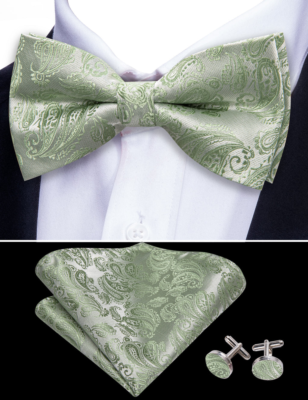 Green Paisley Silk Bow Tie Set bow ties - Sophisticated Gentlemen