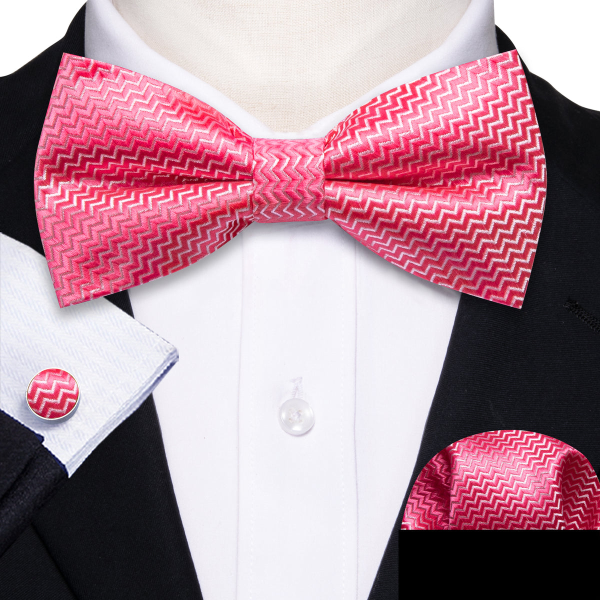 Pink Shock Curve Silk Bow Tie Set bow ties - Sophisticated Gentlemen