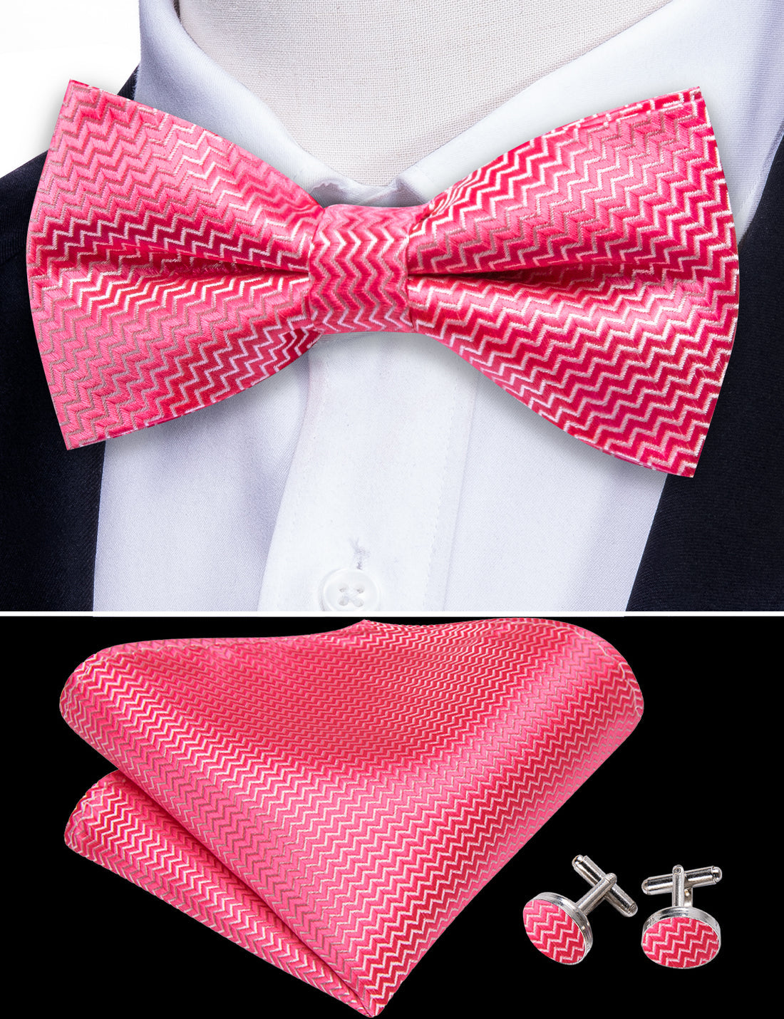 Pink Shock Curve Silk Bow Tie Set bow ties - Sophisticated Gentlemen