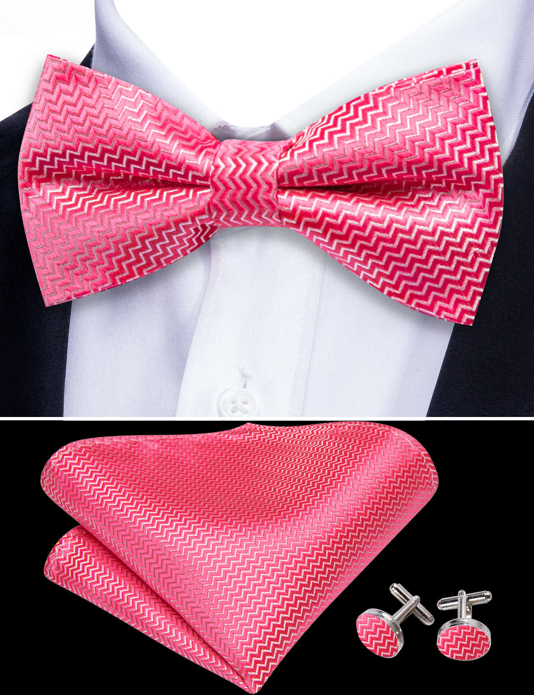 Pink Shock Curve Silk Bow Tie Set bow ties - Sophisticated Gentlemen