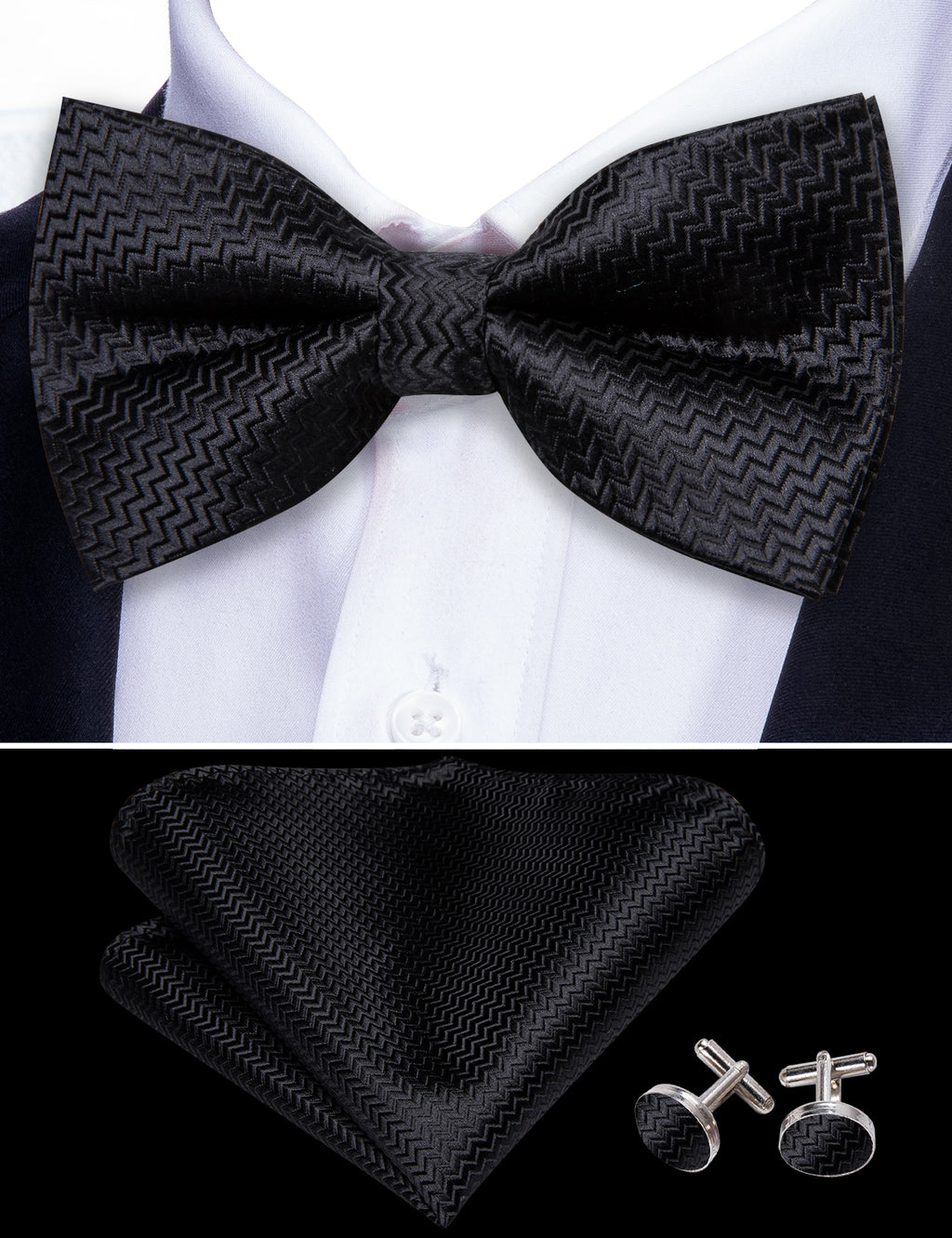 Black Curve Silk Bow Tie Set bow ties - Sophisticated Gentlemen