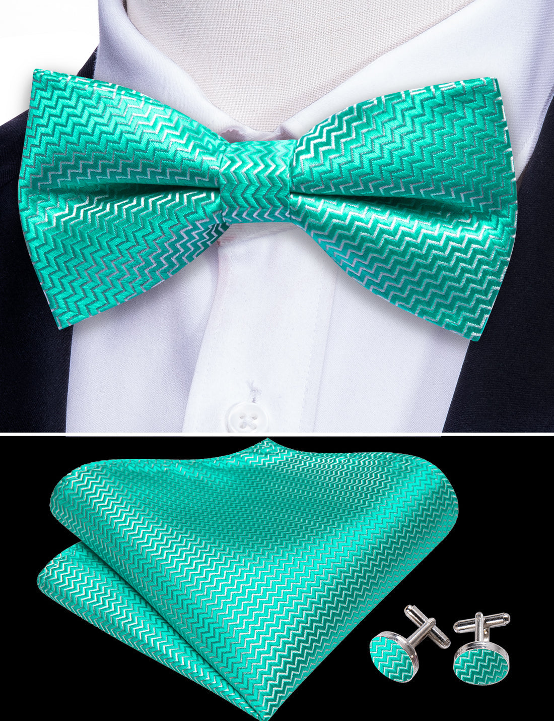 Teal Green Aqua Curve Bow Tie Set bow ties - Sophisticated Gentlemen