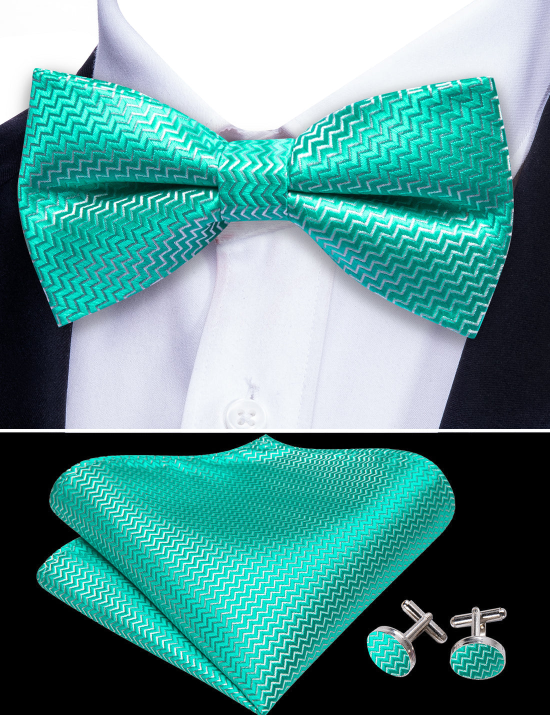 Teal Green Aqua Curve Bow Tie Set bow ties - Sophisticated Gentlemen