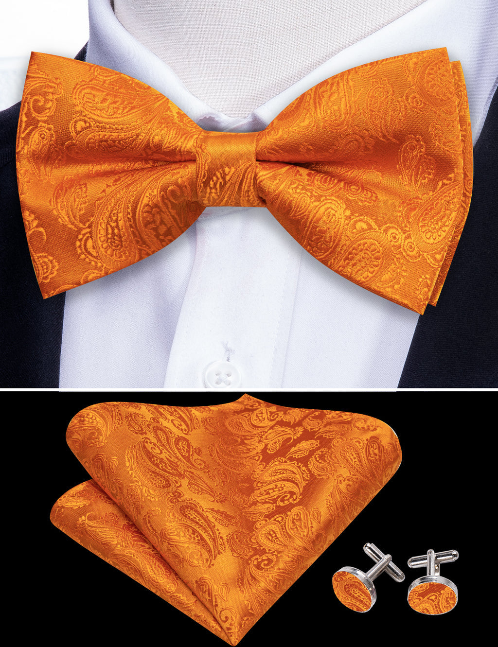 Orange Paisley Silk Bow Tie Set bow ties - Sophisticated Gentlemen