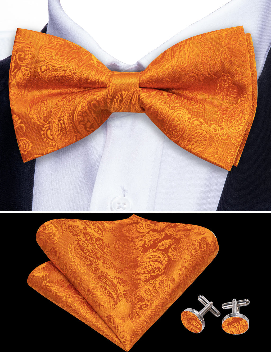 Orange Paisley Silk Bow Tie Set bow ties - Sophisticated Gentlemen