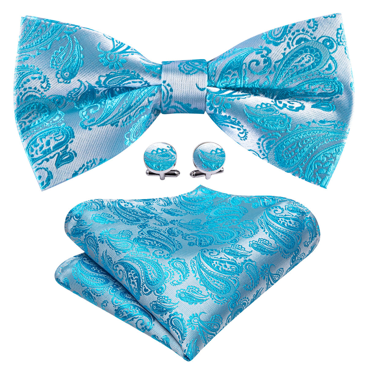 Pale Blue Silver Paisley Silk Bow Tie Set bow ties - Sophisticated Gentlemen